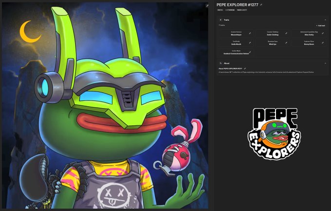 The image features an illustration of a cartoon frog wearing a helmet with a skull design. The frog has a green body, yellow face, and red eyes, giving it a unique appearance. The background of the image is dark blue, which contrasts with the bright colors of the frog's outfit. There are two other elements in the image: a logo for an event called "Pepe Explorers" and a description of the artwork on the right side.