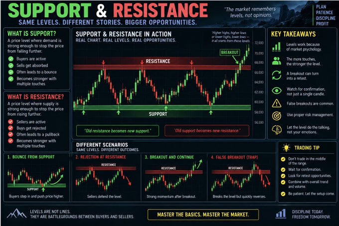 An educational trading infographic titled 'SUPPORT & RESISTANCE' explaining market concepts, support/resistance levels, breakout scenarios, and key takeaways like 'Levels work because of market psychology' and 'Discipline Today Freedom Tomorrow.'