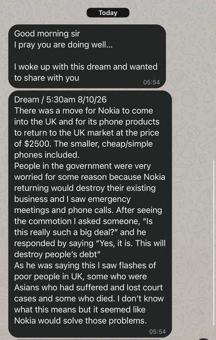A screenshot of a WhatsApp chat message describing a dream about Nokia returning to the UK market, mentioning Nokia phones at $2500, government concerns, and references to poor people in the UK and Asians who suffered.