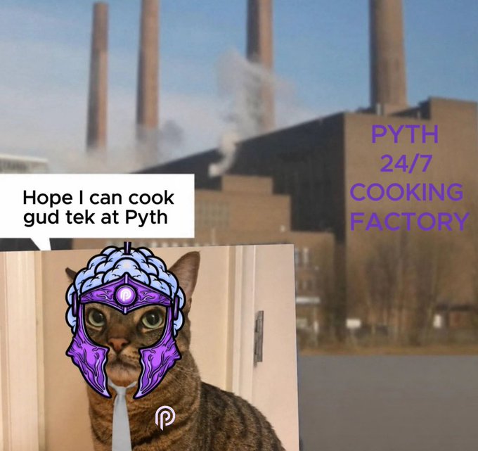 A meme featuring a cat wearing a purple Pyth Network warrior helmet with a speech bubble saying 'Hope I can cook gud tek at Pyth', set against a background of a factory with smokestacks labeled 'PYTH 24/7 COOKING FACTORY'.