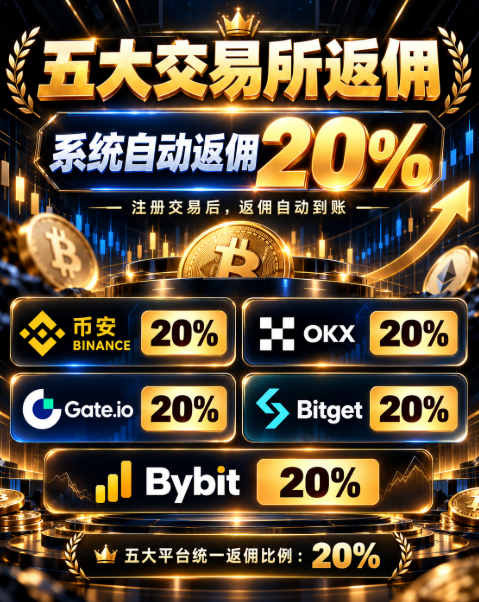 A promotional graphic in Chinese advertising "20%" automatic rebates across five major exchanges: Binance, OKX, Gate.io, Bitget, and Bybit, featuring Bitcoin imagery and gold styling.