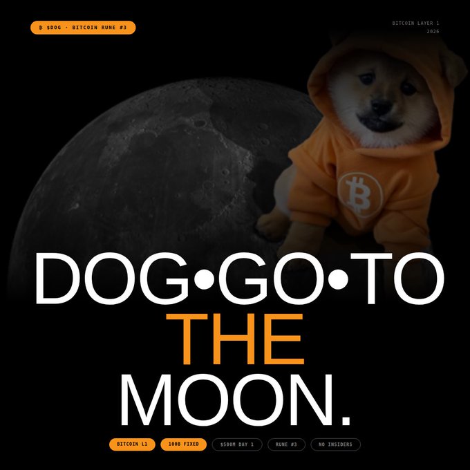 A promotional graphic for 'DOG•GO•TO THE MOON' (ticker $DOGC), Bitcoin Rune #3, featuring a Shiba Inu dog wearing an orange Bitcoin logo hoodie against a moon backdrop, with tags indicating 'BITCOIN L1', '100% FIXED', '5500 DAY 1', 'RUNE #3', and 'NO INSIDERS'.