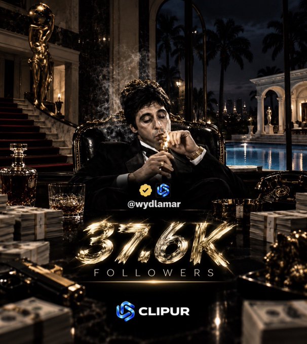 A promotional graphic shows a man smoking a cigar in a luxurious setting with text reading '@wydlamar', '37.6K FOLLOWERS', and 'CLIPUR'.