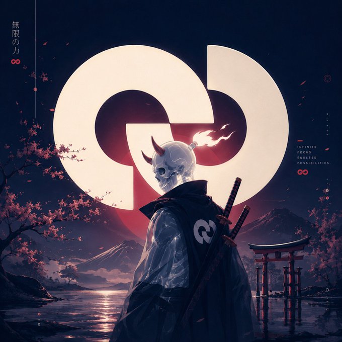 A stylized digital illustration featuring a character with a skull-like face and a flaming horn, wearing a dark jacket with two swords on their back. The background shows a torii gate in water, cherry blossoms, and a large glowing symbol, with the text 'INFINITE FOCUS ENDLESS POSSIBILITIES' visible.