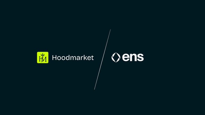 A dark-themed graphic displaying the logos for 'Hoodmarket' and 'ens' (Ethereum Name Service) separated by a diagonal line.
