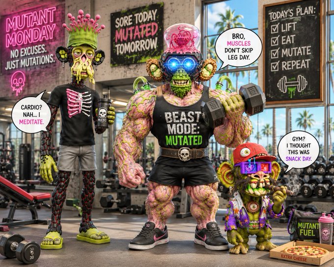 A colorful cartoon illustration of three mutant characters in a gym setting, with signs reading 'MUTANT MONDAY NO EXCUSES. JUST MUTATIONS.', 'SORE TODAY MUTATED TOMORROW', and a workout plan featuring 'LIFT, EAT, MUTATE, REPEAT'.