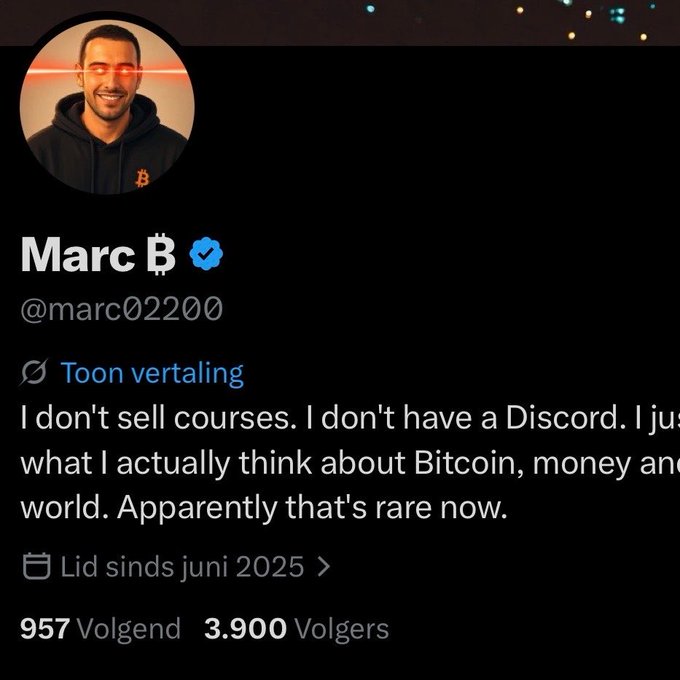 A Twitter/X profile for Marc B (@marc02200), a verified account with 957 following and 3,900 followers, with a bio about sharing honest opinions on Bitcoin and money.