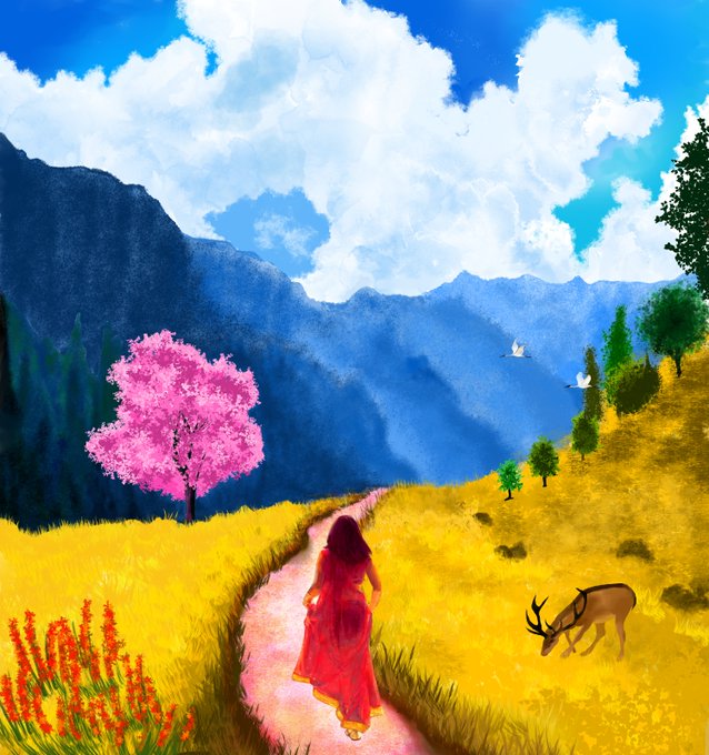 Watercolor-style landscape painting of a woman in a red sari walking along a path through yellow fields, with a pink-blossomed tree, a deer, and mountains in the background under a cloudy blue sky.