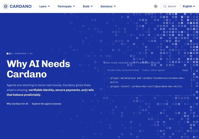 Cardano website homepage with the headline 'Why AI Needs Cardano', promoting their coding agent skills and plugin marketplace.
