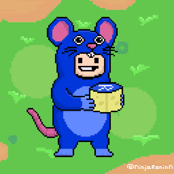 A pixel art illustration of a blue mouse-like creature holding a block of cheese, signed by 'NinjaRonin' in the corner.