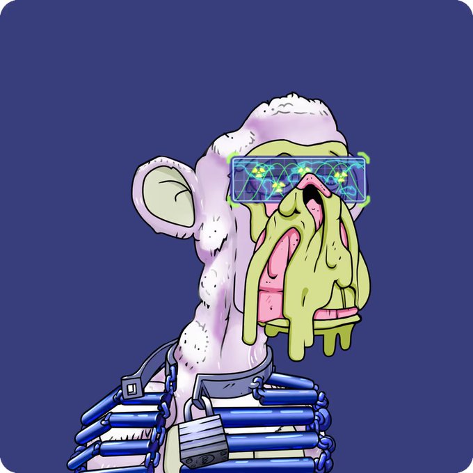 A cartoon illustration of a pale, monkey-like creature wearing futuristic cyan visor glasses and a strapped vest, with green slime dripping from its open mouth against a solid blue background.