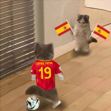 A meme featuring two cats, with one wearing a red Spain jersey with 'LAMINE YAMAL 19' on the back and a soccer ball, while another cat in the background holds two Spanish flags.