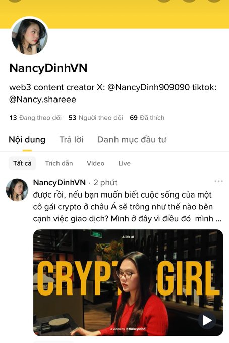 A social media profile for 'NancyDinhVN', a 'web3 content creator', featuring a post titled 'CRYPTO GIRL' that discusses the life of a crypto girl in Asia.