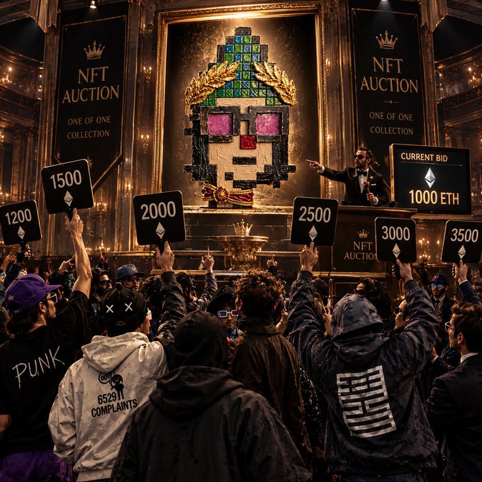 An NFT auction scene shows a CryptoPunk-style artwork on display with bidders holding numbered paddles (1200, 1500, 2000, 2500, 3000, 3500) and a current bid of '1000 ETH'. Banners read 'NFT AUCTION ONE OF ONE COLLECTION'.