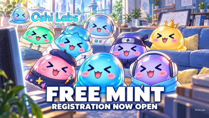 An 'Oshi Labs' promotional banner featuring colorful cute slime/blob characters with various outfits and expressions, advertising 'FREE MINT - REGISTRATION NOW OPEN'.