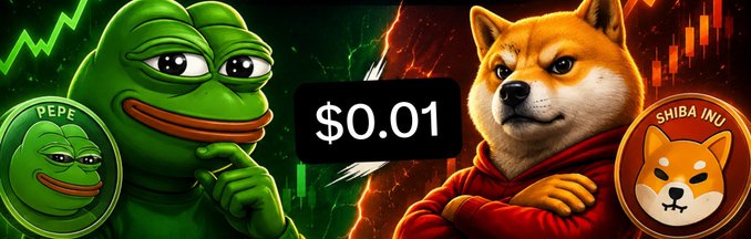 A meme-style promotional image featuring Pepe the Frog on the left and a Shiba Inu dog on the right, with a central "$0.01" price target displayed between them, directly illustrating the post's question of whether $SHIB or $PEPE will reach one cent first.