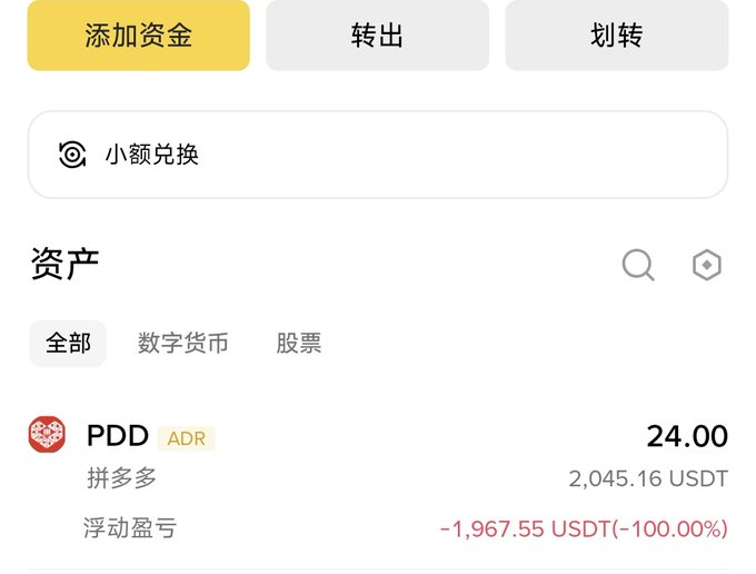 A Chinese cryptocurrency/stock trading app screenshot showing a PDD (Pinduoduo) ADR position at 24.00, with a floating loss of -1,967.55 USDT (-100.00%), under tabs for '添加资金' (Add Funds), '转出' (Transfer Out), and '划转' (Transfer).