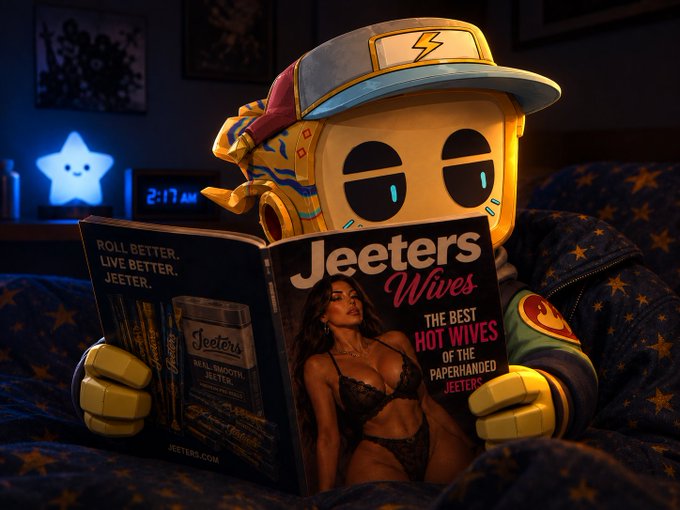 A 3D-rendered character with a boxy head and glowing eyes, wearing a cap and jacket, sits on a bed reading a magazine titled 'Jeeters Wives: The Best Hot Wives of the Paperhanded Jeeters' in a dimly lit room.