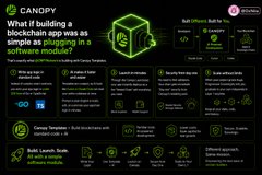 An infographic titled 'CANOPY' that explains 'What if building a blockchain app was as simple as packaging a software module?', highlighting features like 'Curate Templates' and 'Audit, Launch, Scale'.