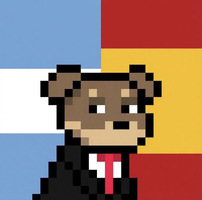A pixel art character of a bear wearing a black suit and red tie, positioned in front of a background divided into blue, red, and yellow color blocks.