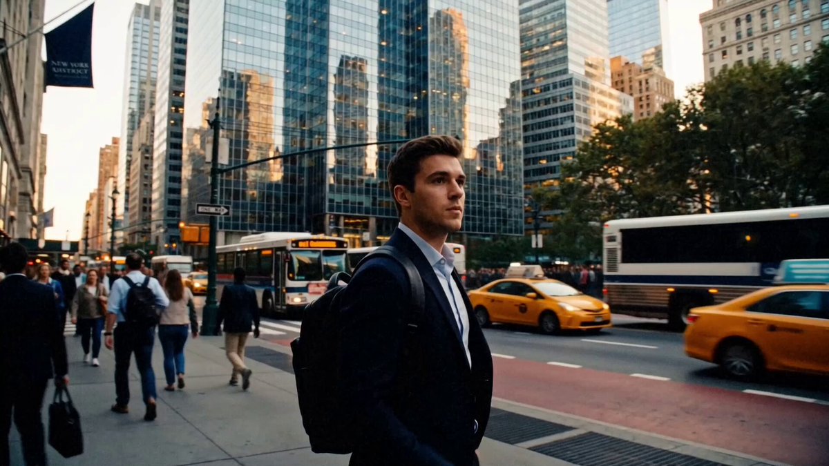 A young man walks down a busy city street, wearing a suit with a black backpack over his shoulders. He is surrounded by other people, cars, and buses, giving off an impression of hustle and bustle typical of urban life. In the distance, tall buildings can be seen lining the road. The image also includes a post in which the words "Your phone just got a trading desk. Add Decibel to your home screen and trade fully onchain without going through the App Store". This implies that there is an app or service related to stock trading and trading desks within this city, possibly connecting people with available services for buying and selling stocks or other securities.