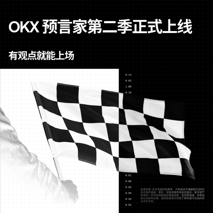 Promotional graphic for OKX with Chinese text 'OKX 预言家第二季正式上线' (OKX Prophet Season 2 officially launched) and '有观点就能上场' (Anyone with a viewpoint can take the stage), featuring a black and white checkered flag held by a person.