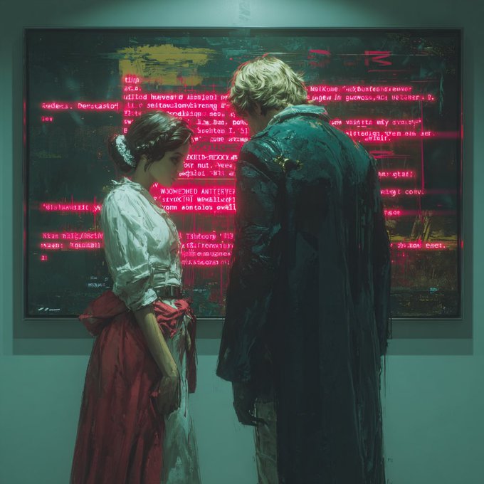 Cyberpunk-style digital artwork depicting a woman in a traditional white blouse and red skirt standing next to a blonde figure in a dark coat, facing a wall covered in glowing red code/text.