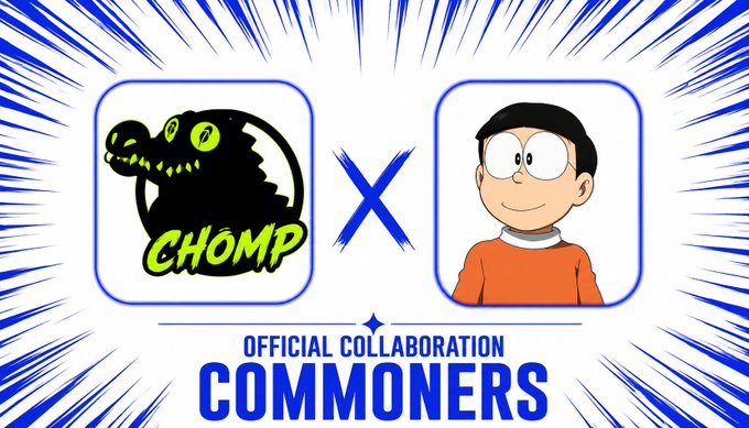 A promotional graphic featuring two square icons separated by an 'X' mark. The left icon shows a green dinosaur with the text 'CHOMP', and the right icon shows a cartoon character with black hair. Below the icons, text reads 'OFFICIAL COLLABORATION COMMONERS.'