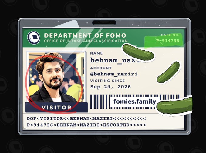 A satirical ID badge from the 'Department of FOMO' featuring a man's photo crossed out with a red X, decorated with pickle stickers.