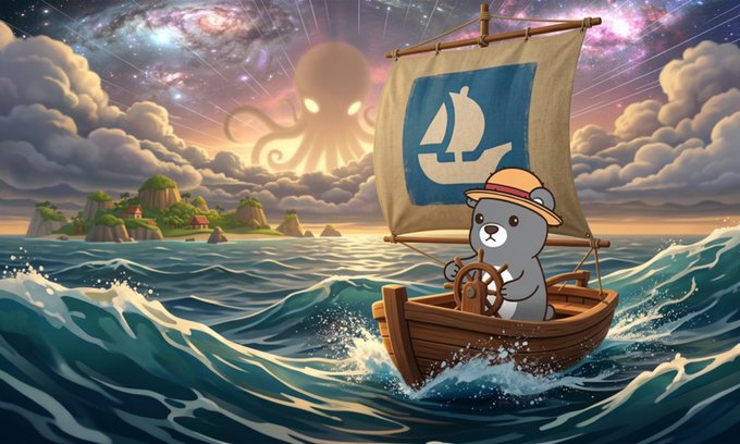 A cute gray bear wearing a sun hat pilots a small sailboat with a blue sail (depicting a smaller boat logo) across turbulent ocean waves, while a giant kraken emerges from glowing clouds in the background near a green island.

The image ties into the "GM quick while the seas are open!" post by playfully illustrating the early, calm window of opportunity to sail (enter a position) before the looming kraken—representing upcoming risk or volatility—emerges from the horizon.