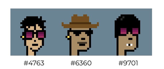 Three pixel-art monkey characters with different accessories and skin tones, labeled '#4763', '#6360', and '#9701'.
