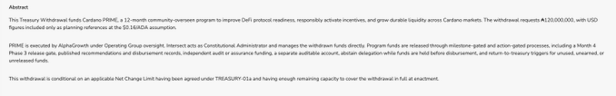 A document abstract outlines the Cardano Treasury Withdrawal funds (PRIME) program, a 12-month ₳120,000,000 initiative managed by AlphaGrowth under Intersect oversight. The proposal supports the post's mention of AlphaGrowth's ₳120M request, while the abstract's note that the withdrawal is "conditioned on an applicable Net Change Limit having been agreed under TREASURY-01a" aligns with the post's caveat that approval requires increasing the NCL by ₳150M.