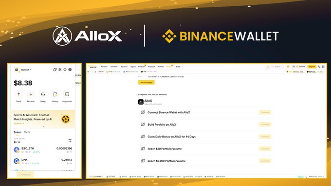 A promotional graphic for 'AlloX' and 'BINANCEWALLET' partnership, showing a wallet interface with $8.38 balance and a task list for earning rewards through portfolio building and trading volume.