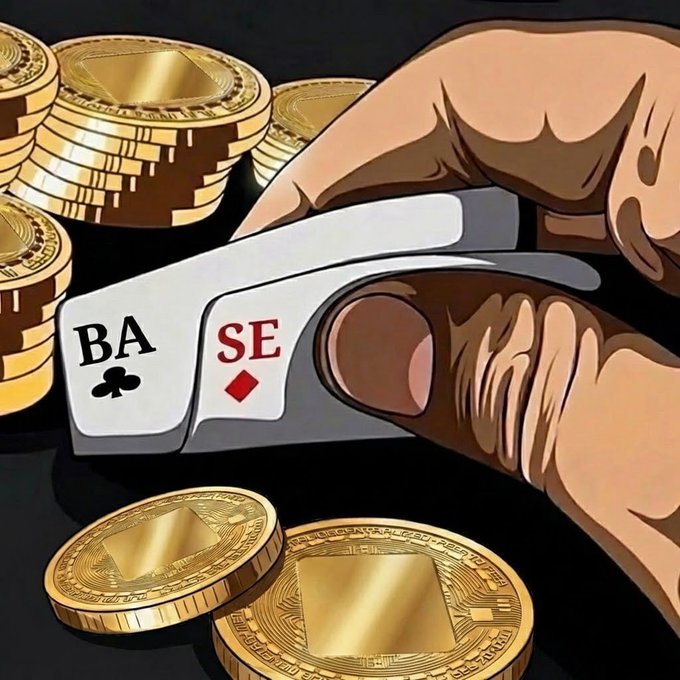 An illustration of a hand reaching for gold coins next to playing cards spelling 'BASE' with a club and a diamond.