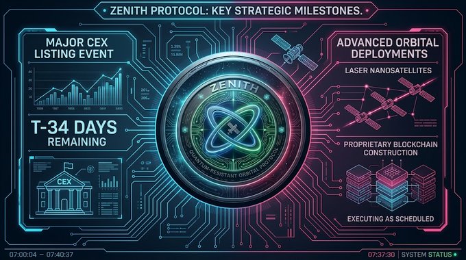 A futuristic dashboard titled 'ZENITH PROTOCOL: KEY STRATEGIC MILESTONES' displays 'T-34 DAYS REMAINING' for a major CEX listing, alongside orbital deployments and blockchain construction progress.