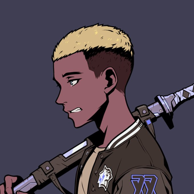 An anime-style illustration of a character with blonde buzzed hair in a brown and beige jacket carrying a weapon over his shoulder.