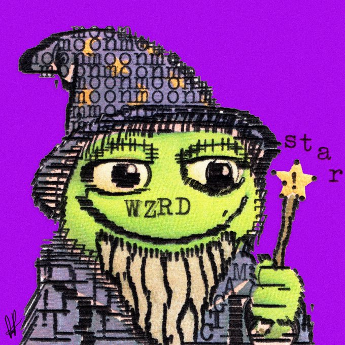 A glitch-style digital artwork of a green-skinned character labeled 'WZRD' wearing a wizard hat and holding a star-tipped staff against a purple background.