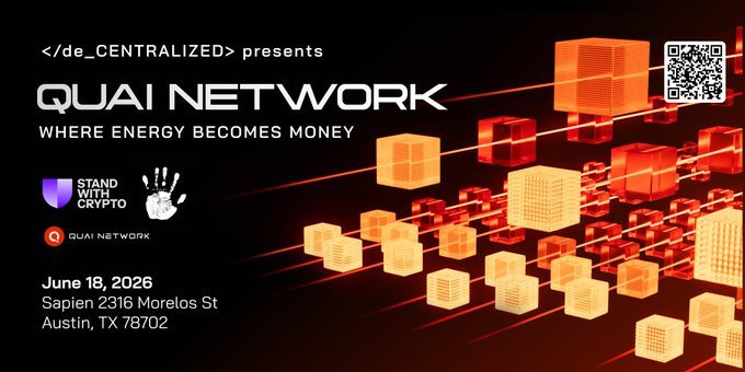 The image features an event poster for Quai Network's "Where Energy Becomes Money" event happening on June 18, 2008 at Lab484 in Austin, Texas. The poster includes a photo of a red cube surrounded by orange cubes, which is part of a larger design that represents energy and money. The text on the poster provides information about the event, including its location, date, and the names of the speakers involved.