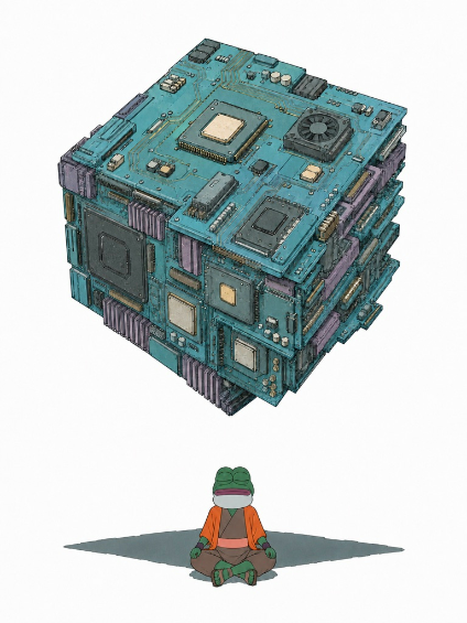 A massive, weathered teal circuit-board cube towers over a small frog-like character in an orange jacket sitting on the ground, symbolizing the overwhelming scale and hidden potential of the $IMD project being highlighted. The juxtaposition of the tiny figure against the colossal tech structure visually reinforces the "underrated" narrative, suggesting that despite its large technical foundation, $IMD remains overlooked by the broader crypto community.