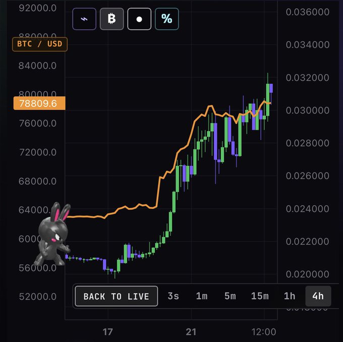 A BTC/USD candlestick chart on a 4-hour timeframe showing Bitcoin's price rising to approximately 78,809.6, with a black bunny mascot figure in the lower left corner.