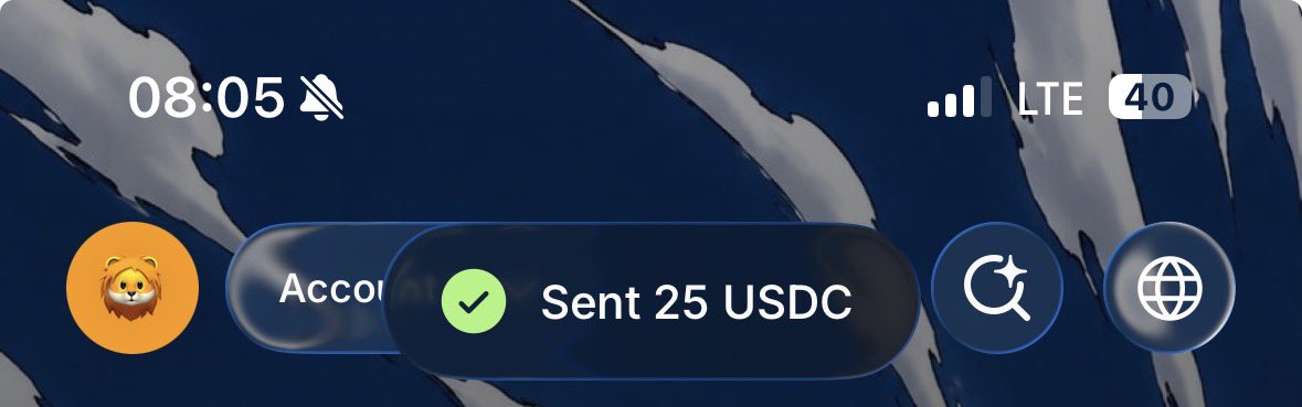 A smartphone screenshot shows the time 08:05 with a muted notification icon, LTE signal, and 40% battery on a dark blue abstract wallpaper; the screen displays two overlapping iOS Dynamic Island notification bubbles, the front one reading "Sent 25 USDC" with a green checkmark, and the partially visible one behind it beginning with "Acco..." likely "Account," confirming the post's mention of sending $25 each in USDC to the two users.