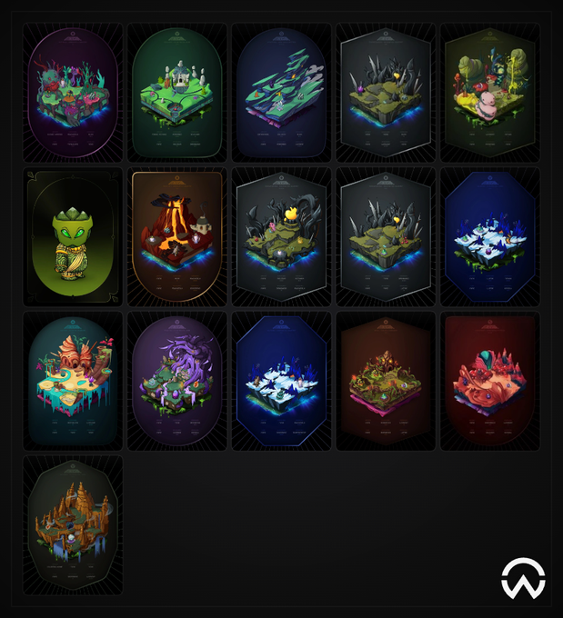 A grid of 16 colorful isometric 3D tile-based game scenes featuring various themed environments like coral reefs, volcanic landscapes, crystal caves, and fantasy kingdoms, displayed on a dark background with a logo in the bottom right corner.