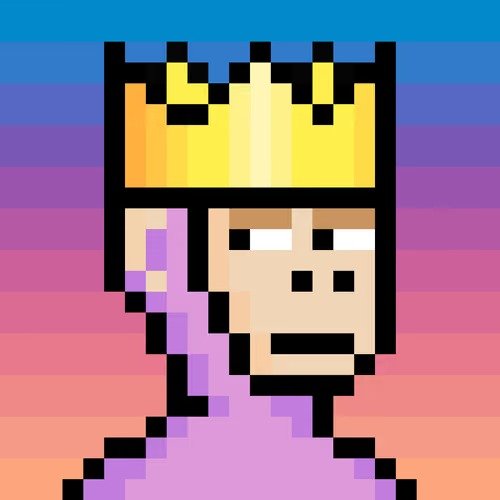 A pixel art portrait of a character wearing a large golden crown, set against a gradient blue and pink backdrop.