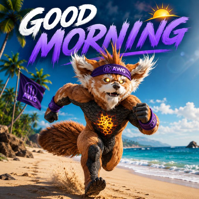 A furry, muscular red panda-like creature runs along a tropical beach, wearing an "AWG" headband and wristbands, with "GOOD MORNING" displayed in bold purple and white text above.