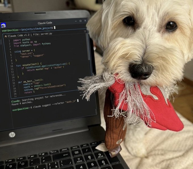 A fluffy dog holding a red plush toy in its mouth sits in front of a laptop displaying Claude Code v1.2 with Python code for a server file.