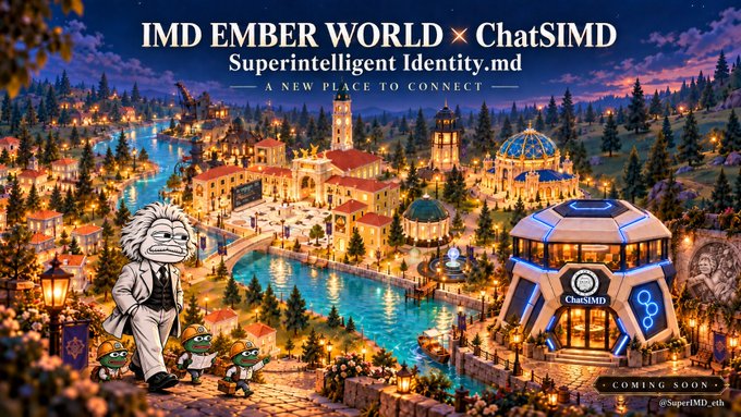 A promotional graphic for 'IMD EMBER WORLD x ChatSIMD - Superintelligent Identity.md - A NEW PLACE TO CONNECT' shows an illustrated fantasy town with an Einstein-like figure, penguins, and a building labeled 'ChatSIMD'.