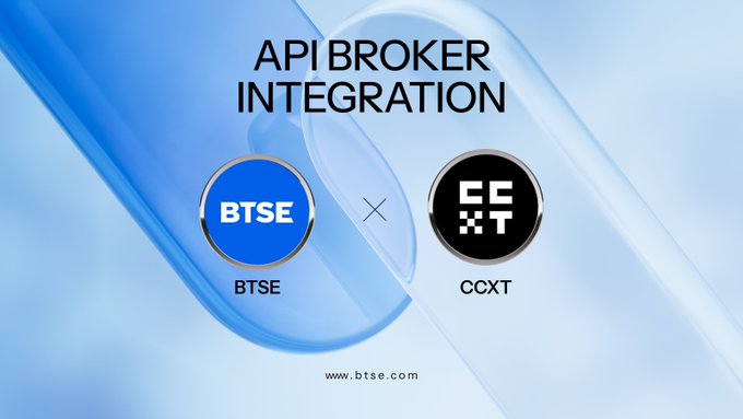 A promotional graphic announcing "API BROKER INTEGRATION" between BTSE and CCXT, featuring their circular logos separated by an "×" symbol on a blue background, with the website "www.btse.com" displayed below.