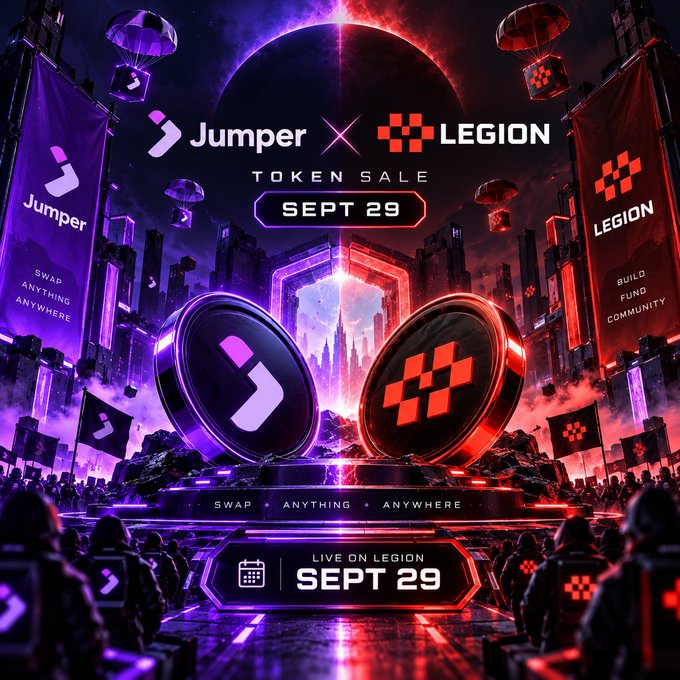 A promotional graphic announces a 'Jumper X LEGION' token sale on September 29, featuring two large coin emblems against a futuristic purple and red cityscape with parachutes and crowds.