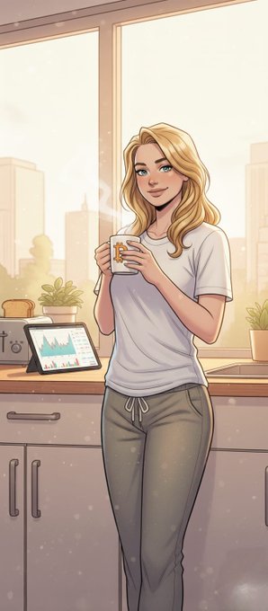 A blonde woman stands casually in a sunlit kitchen, sipping from a coffee mug with steam rising, while a tablet on the counter displays a stock chart—setting a relaxed, upbeat "GM" (good morning) tone for traders heading into the market.