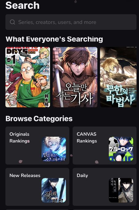 A mobile app search screen showing "What Everyone's Searching" with Korean manhwa covers and "Browse Categories" including Originals, CANVAS, New Releases, and Daily.